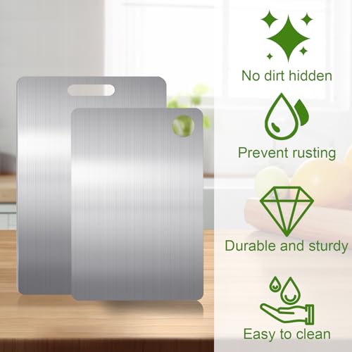 2 Pieces Stainless Steel Food Cutting Board, Large Thick Titanium Chopping Board for Kitchen Multi-Function, Steel Cutting Board for Hygiene and Durability Use for Cutting Meat, Bread, Vegetables, Fruits
