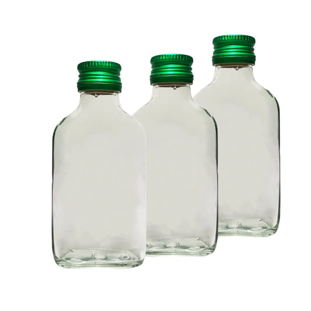 DIAH DO IT AT HOME 10 x Glass Pocket Flask Bottles 100 ml with Green Screw Caps - for Filling it Yourself with Screw Cap Air-Tight