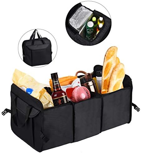 CARMAXKO Trunk Organizer Auto Storage Bag Collapsible Portable with Cooler Heat Reservation with Straps Aluminum Foil Cover for Car SUV for Road Trip (Solid Pockets with Lid)
