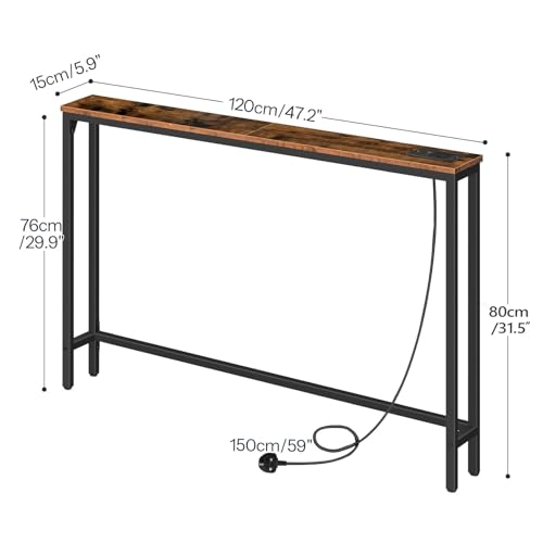 HOOBRO Extra Narrow Console Table with Power Outlets, 120cm Skinny Entryway Table for Living Room, Slim Console Table Behind Couch, Thin Sofa Table for Hallway, Foyer, Rustic Brown EBF15KXG01G1