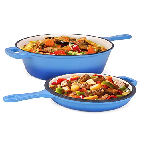 Enameled 2-In-1 Cast Iron Multi-Cooker - Heavy Duty 3.2 Quart Skillet and Lid Set, Versatile Healthy Design, Non-Stick Kitchen Cookware, Use As Dutch Oven Frying Pan (Blue)