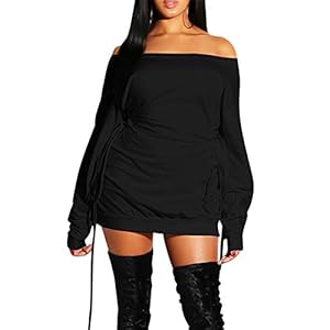 GOKATOSAU Women’s Sexy Casual Off Shoulder Long Sleeve Lace Up Loose Club Mini Dress