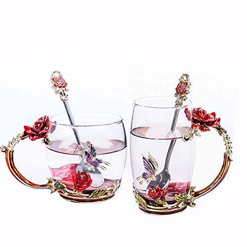 Tea Cup Coffee Mug Cups, Clear Glass Coffee Cups Tea Mugs with Spoon Set Handmade Enamel Butterfly Rose Flower,13 oz (Red Rose) Ideal for Friend Wedding Anniversary Birthday Presents - Thumbnail 4