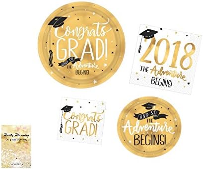 Graduation Party Supplies, Black and Gold Design, 16 Guests, Bundle of 4 Items: Dinner Plates, Dessert Plates, Lunch Napkins and Beverage Napkins
