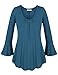 Nomorer Womens Pleated V Neck Long Bell Sleeves Solid Basic Blouse Top