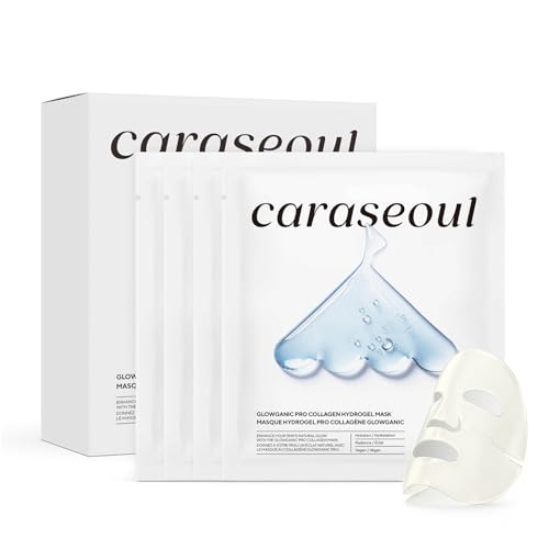 caraseoul Glowganic Pro Collagen Hydrogel Face Mask - Niacinamide (Vitamin B3) and Adenosine, Moisturizing and Brightening, Pore-Minimizing, Korean Skincare, Vegan, Night Face Masks [4 Pieces]