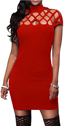 Ytwysj Women Sexy Short Sleeve Bandage Bodycon Hollow Out High Neck Mini Dress Cocktail Clubwear Party Dress