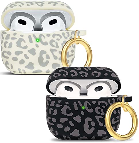 Leopard Silicone Compatible with AirPods 3 Case 2021 (Not Fit Pro), Gawnock Soft Case Cover Flexible for Compatible with AirPods 3rd Generation Women Girls with Keychain (2Pack (Gray + Beige Leopard))