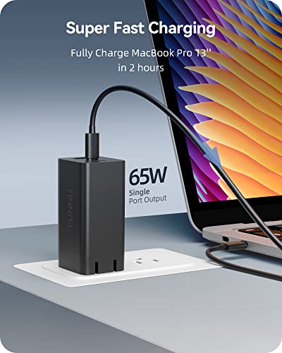 USB C Fast Wall Charger: TUNNU 3-Port 65W GaN Charging Block Power Adapter - Foldable Plug - for MacBook Pro/Air iPad Pro Galaxy S20/S10 Dell XPS 13, Note 20/10+ iPhone 13/Pro Pixel and More