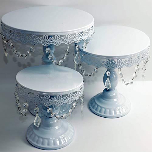 Proshopping 9 Set Antique Metal Cake Stand, Classical Round Cupcake Holder, Cake Plate Tray, Cookie Pedestal Display Tower, for Wedding Birthday Party, with Crystals Pendants and Beads, White