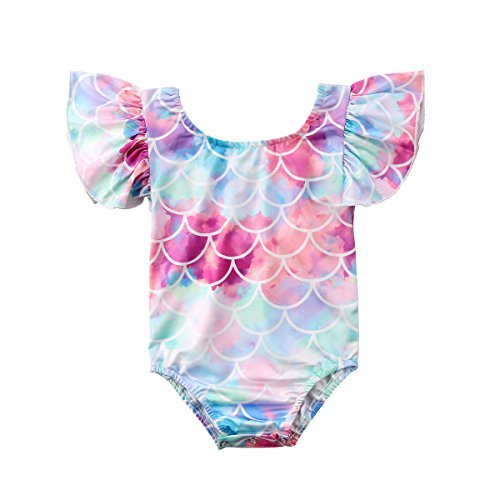 Infant Toddler Baby Girls colorful Fish Scale Mermaid Ruffles Sleeve One-Piece Swimwear Swimsuit Bathing Suit For 0-4T (6-12 Months)