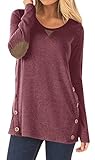 Women's Soild Color Round Neck Blouse With Bottons Long Sleeve Casual Cotton Tunic Tops Red XL