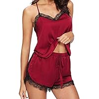Women Sleepwear Lace Pajamas Set Shorts Nightwear Camisole Short Trim Satin Cami Top Pajama Sets (Wine Red, M)