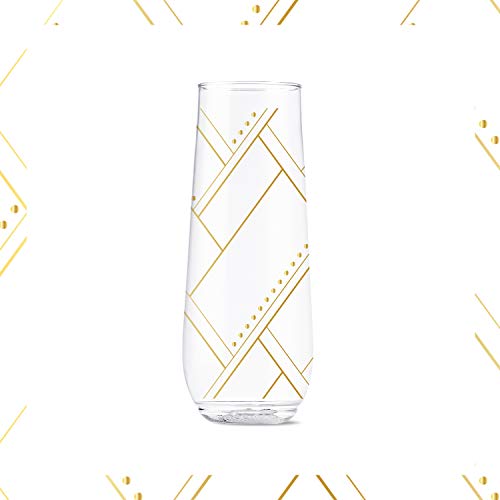 TOSSWARE-POP-9oz-Flute-Linear-Gold-Series-SET-OF-6-Recyclable-Unbreakable-Crystal-Clear-Plastic-Printed-Champagne-Glasses