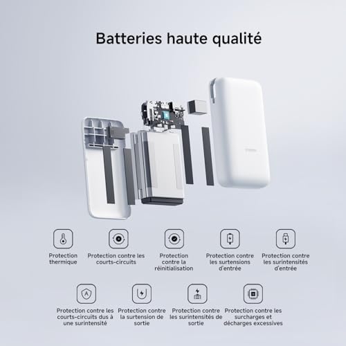 22.5W Batterie Externe 20000mAh, Câble Intégré, Gris