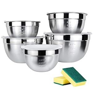 Juning 18/10 roestvrijstalen kommenset bestaande uit 5 stuks, met kunststof deksel, 3L, 2L, 1,6L, 1,2L, 0,8L, te…