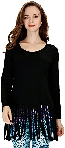 Ensasa Women's Tunic Top With Tassels Long Sleeves Crew Neck Casual T-Shirt Dress, Black, Small