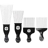 Borogo Afro Combs, 4-Pack Afro Pick w/ Black Fist - Metal African American Pick Comb Straight Hair Brush Hairdressing Styling Tool