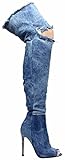 Liliana Barbara-13 Thigh High Over Knee Denim Open Toe Stiletto Heel Boot Lite Blue