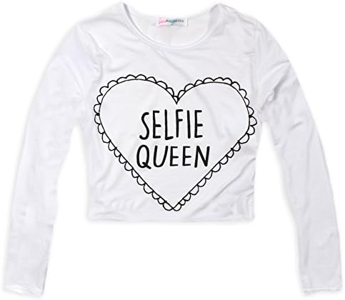 Girls 'Selfie Queen' Slogan Crop Top New Kids Long Sleeved Block Colour Tee