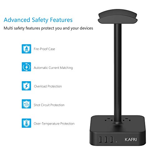 KAFRI Headphone Stand with USB Charger Desk Gaming Headset Holder Hanger Rack with 3 USB Charging Port and 2 AC Outlet - Suitable for Gamer Desktop Table Wireless Earphone Accessories