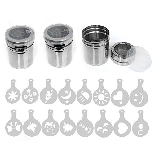 Aoyoho 3Pcs Stainless Steel powder shaker Icing Sugar Powder Cocoa Flour Coffee Sifter Cooking Tools Lid Chocolate Shaker Cocoa with 16 Different style Coffee Art Stencils