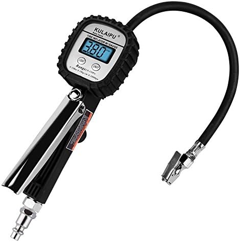 SuperSWK Electric Digital Tire Inflator Pressure Gauge with Flexible Air Rubber Hose, Lock On Air Chuck, LCD Backlit Screen, Range from 0-150 PSI