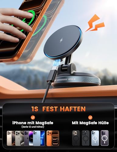 Lamicall 15 W for MagSafe Car Mount with Charging Function - [Top Vacuum] Magnetic Mobile Phone Holder Car Suction Cup for Dashboard & Windscreen, Magnetic Mobile Phone Holder Car Charger for iPhone