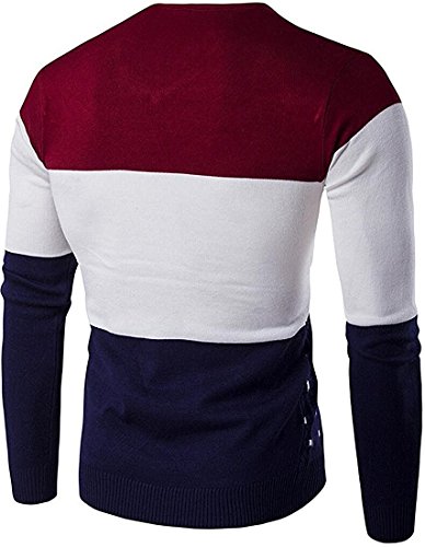 Bikifree Pullover-sweaters BikifreeFashion Mens Casual Slim Color Block Warm Knit Wool Pullover Sweater Wine RedMedium