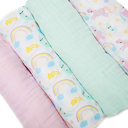Baby Muslin Swaddle Blankets with Matching Dribble Bibs | Premium Cotton Swaddle Blanket | Set of 4 | Large 47 x 47 inches | Cute Unicorn/Rainbow Designs by Little Tinkers World