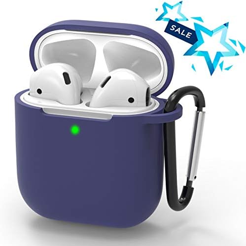 Airpods Case Portable Protective Upgrade Silicone Skin Cover with Anti-Lost Carabiner[Front LED Visible] Soft Washable Silicone Headphone Case Compatible with Airpods 2&1 Accessories - Navy Blue