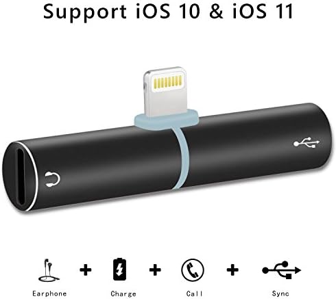 2 in 1 Lightning Adapter for iPhone 7, Dual Lightning Headphone Audio & Charge Adapter for iPhone 7 / 7 Plus (Support iOS 11) (Black)