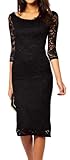made2envy Boat Neckline 2/3 Sleeves Lace Overlay Evening Midi Dress (M, Black) C6287M