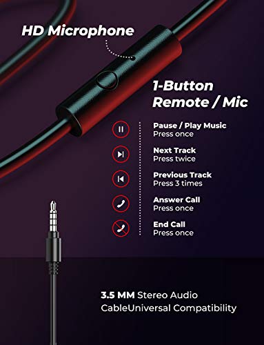 iClever Over Ear Headphones with Microphone - Foldable Lightweight Stereo Headphones, Adjustable Wired Headphones with 3.5mm Jack for Online Class/Meeting/iPad/Smartphone/Computer, Black&Red