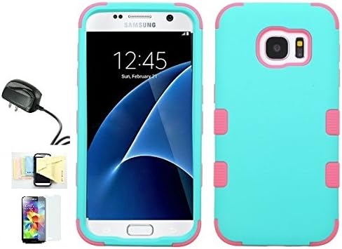 [Teal/Pink] Galaxy S7 Case, Shockproof Hybrid Dual Layer Protective Cover And Travel Charger Momiji [Screen Guard] Cleaning Cloth