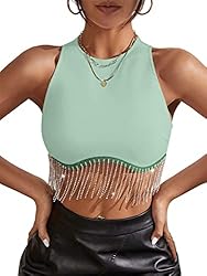 Milumia Women Rhinestone Fringe Zip Back Sleeveless