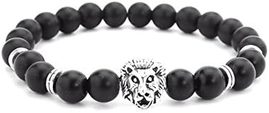 KOKY Black Matte Stone Beaded Stretch Bracelet with Silver Lion Head
