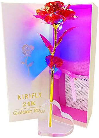 24Kゴールドローズ 彼女への贈り物 金メッキローズ プレゼントバラ造花キラキラローズ LEDライト付き電池式 雰囲気作りインテリア飾りお礼用ギフトボックス バレンタインデー、ホワイトデー、デート用、誕生日、母の日、結婚式、記念日、お祝いに適用 (LED ハートスタンド 赤)