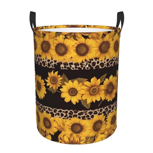 Leopard And Sunflower Print Laundry Hamper Waterproof Laundry Basket Protable Storage Bin With Handles Dirty Clothes Organizer Circular Storage Bag For Bathroom Bedroom Car
