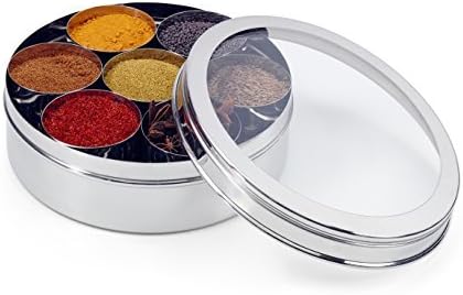 Zinel Spice Box/ Masala Dabba with 7 Comparments and Transparent Lid, Stainless Steel, 24 cm by Zinel