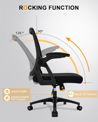 Durrafy Ergonomic Office Chair, Desk Chair with 90° Flip-up Armrests, Lumbar Support & Height Adjustable, Breathable Swivel Computer Chair with Tilt Function, Mid-Back Mesh Chair For Home/Office