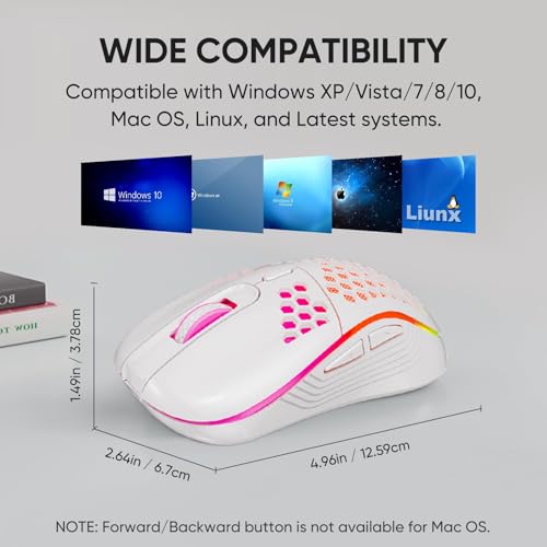 Uniiking® Wireless Gaming Mouse Honeycomb 2.4G USB Cordless Mouse RGB Rechargeable PC Game Mice with 7-Color LED Lights，3 Adjustable DPI for Windows Laptop Desktop Computers -White