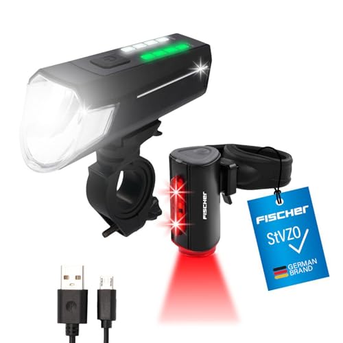 FISCHER Fahrrad-Beleuchtungsset 80/40/20 Lux, Akku-Leuchtenset Twin, Front- und 360° Rückleuchte, mit Akku und USB-Ladefunktion, 3 Leuchtfunktionen, S