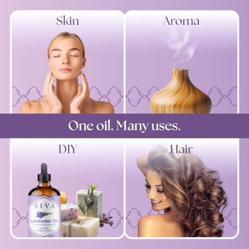 SIVA Lavender Essential Oil 4 Fl Oz – for Diffuser, Skin & Hair Care – Ideal for Massage & DIY Blends – with Dropper