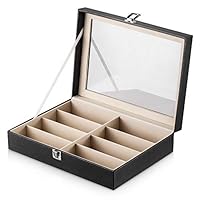 Plxixi Leather Sunglasses Organizer Box, Eyeglasses Display Case,Eyewear Jewelry Collection Case,Glasses Storage Holder Box with Glass Lid 8 Slots 13.2" L x 9.6" W x 3.3" H (Black, 8 Slot)