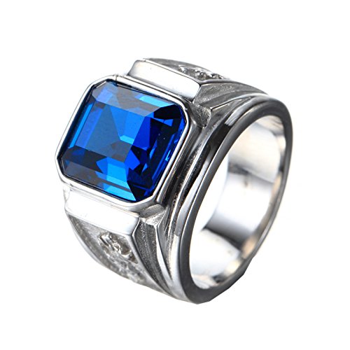 HIJONES Men s Stainless Steel Silver Blue Square Stone Rings with Dragon Pattern Size 8