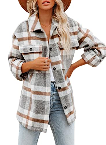 Beaully Women's Flannel Plaid Shacket 2025 Fall Outfits Long Sleeve Button Down Shirts Jacket Coats with Side Pockets
