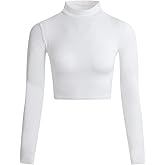 LONGBIDA Women's Long Sleeve Mock Neck Pure Soft Thin Sexy Stretch Crop TOP T Shirt
