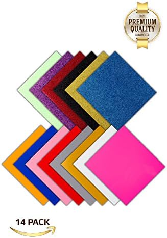 Assorted Iron On Vinyl Heat Transfer Sheets | Glitter &amp; HTV 14 Pack Bundle | Cricut, Silhouette, Heat Press Machine | Make Amazing T-Shirts | 10 1/12 X 9 5/8 Exceptional Quality, Brilliant Color