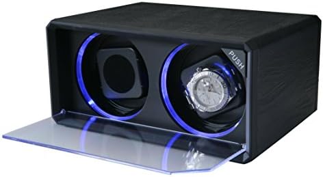Black Leatherette 2 Watch Winder With Blue LED Lights With 4 Program Settings.
